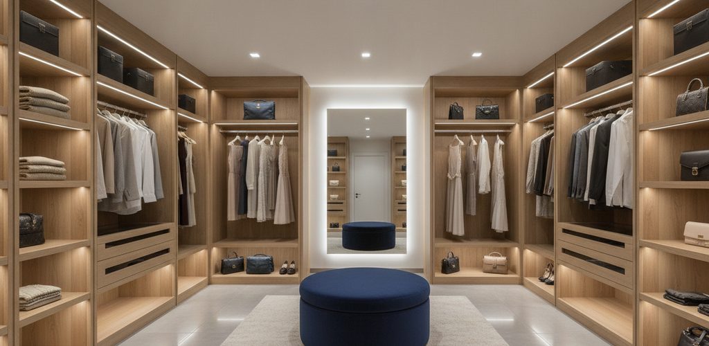 Ankleidezimmer beleuchten: Lux, Lichtfarbe, Schrank- und Spiegellicht