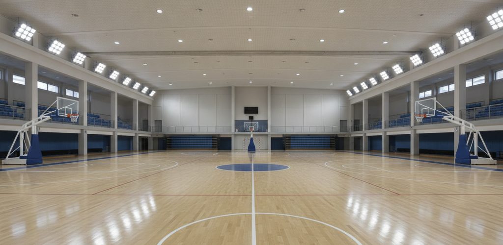 Basketballhalle 32,50 × 24,30 m: 1.075 Lux mit 36 LED-Strahlern
