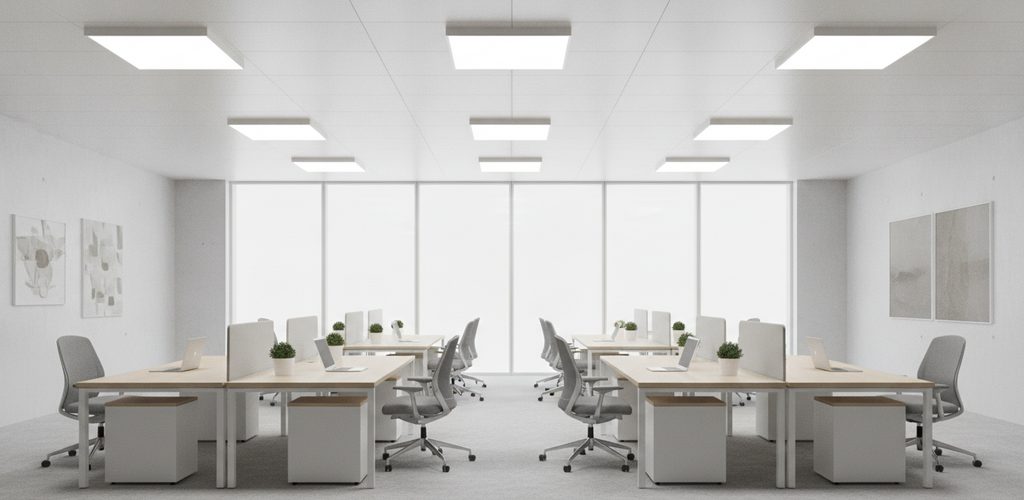 Büro mit 515 Lux: 6 LED-Panels 600 × 600 mm auf 20,2 m²