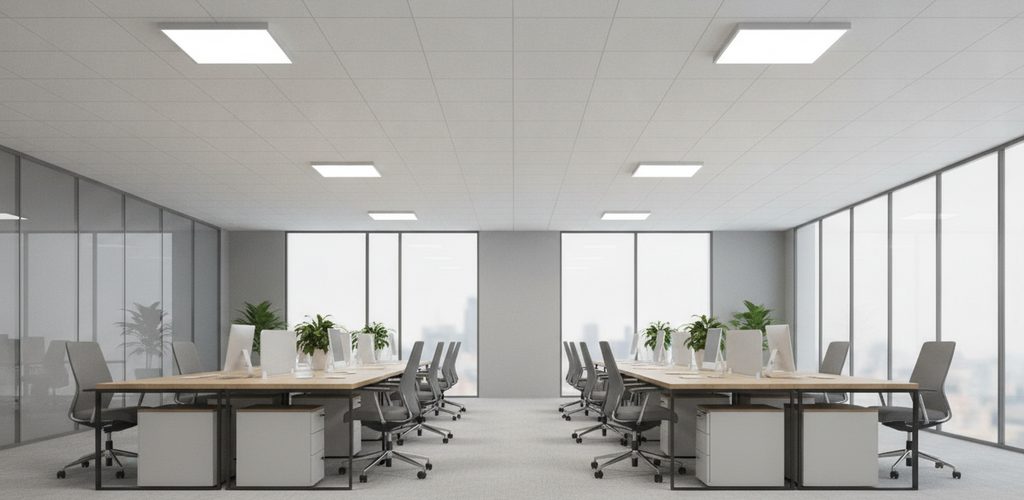Büro mit niedriger Decke: 525 Lux mit 4 LED-Panels in 2,4 m Höhe