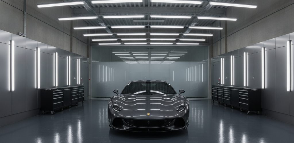 Detailing-Box mit 556 Lux: 18 Linearleuchten auf 99 m²