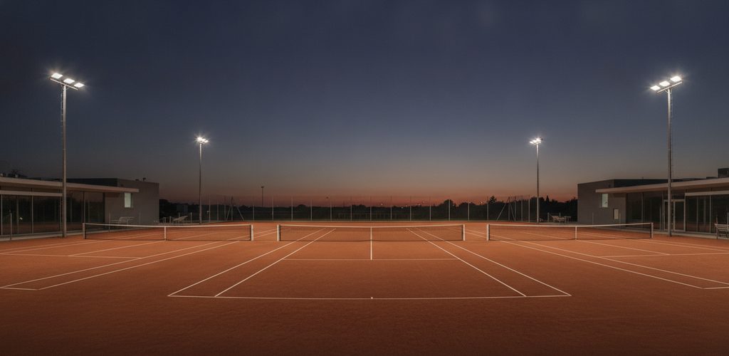 Drei Tennisplätze mit 300 Lux: 12 Flutlichtstrahler an 4 Masten