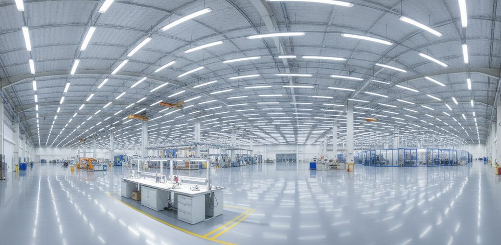 Fertigungshalle mit 8 Zonen: 593 bis 1.118 Lux, 100 Hallenstrahler