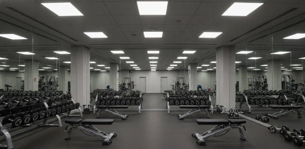 Fitnessraum mit 359 Lux: 9 LED-Panels und 237 Lux an den Wänden