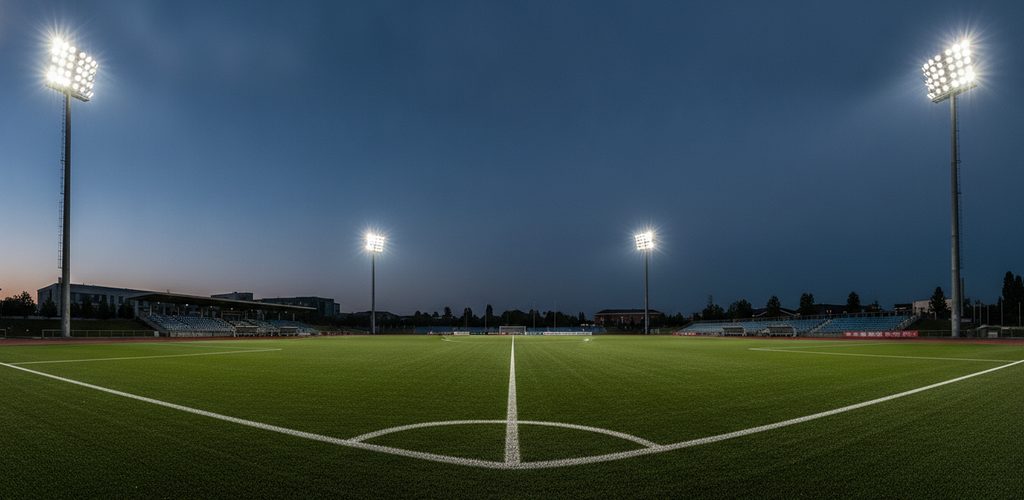 Fußballplatz 100 × 64 m mit 200 Lux: 4 Eckmasten à 18 m