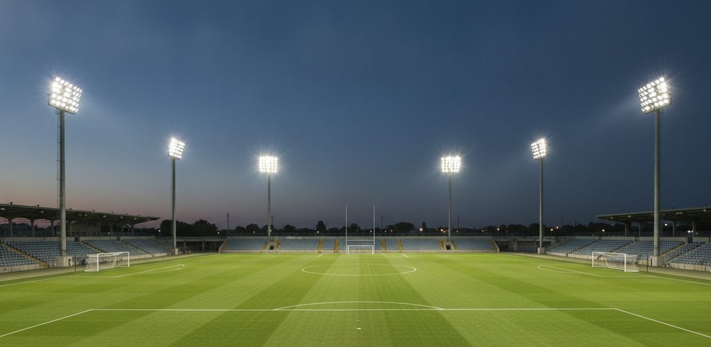 Fußballplatz 100 × 64 m mit 200 Lux: 6 Masten à 15 m