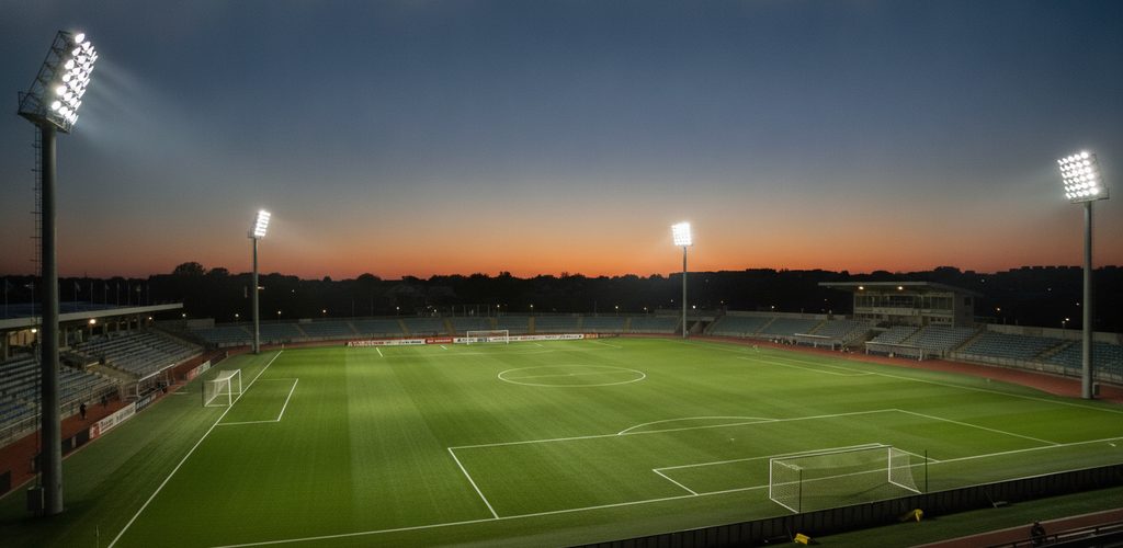 Fußballplatz 100 × 64 m mit 75 Lux: 4 Masten à 18 m