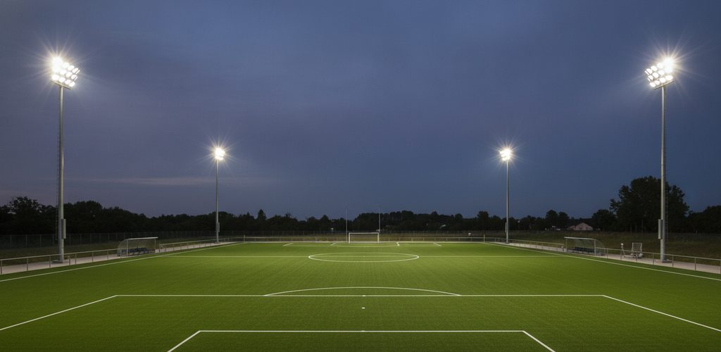 Fußballplatz 100 × 64 m mit 75 Lux: 6 Strahler an 6 Masten à 15 m