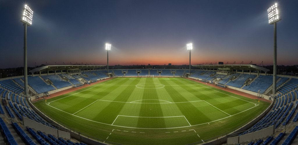 Fußballstadion mit 200 Lux: 16 LED-Flutlichtstrahler à 601 W