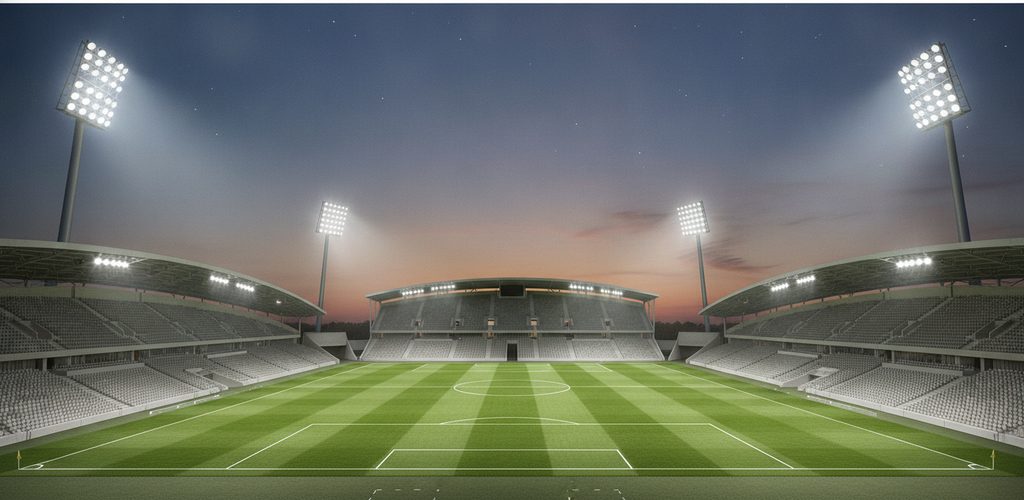 Fußballstadion mit 500 Lux: 16 Strahler à 1.001 W an vier Masten