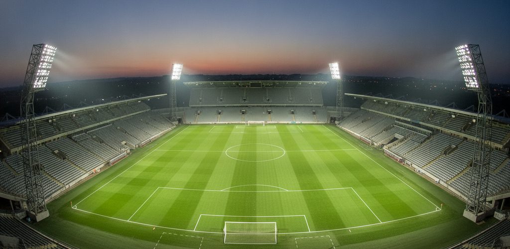 Fußballstadion mit 500 Lux: 28 Flutlichtstrahler an 4 Masten (18 m)