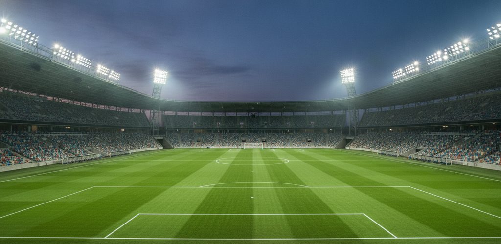 Fußballstadion mit 500 Lux an vier 15-m-Masten: 28 Flutlichtstrahler