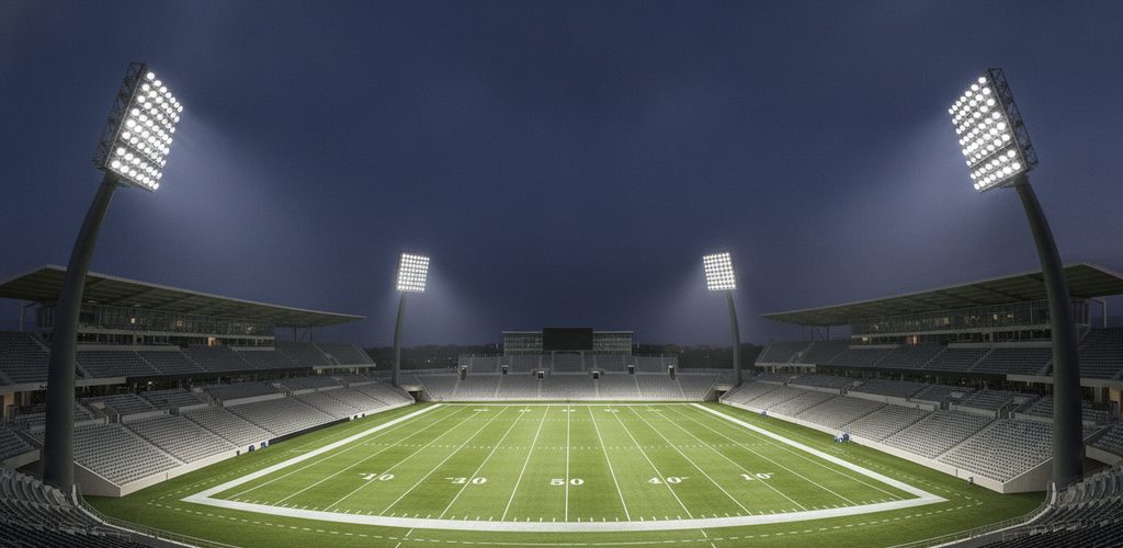 Fußballstadion mit 500 Lux: Flutlicht an 4 Eckmasten mit 24 m Höhe
