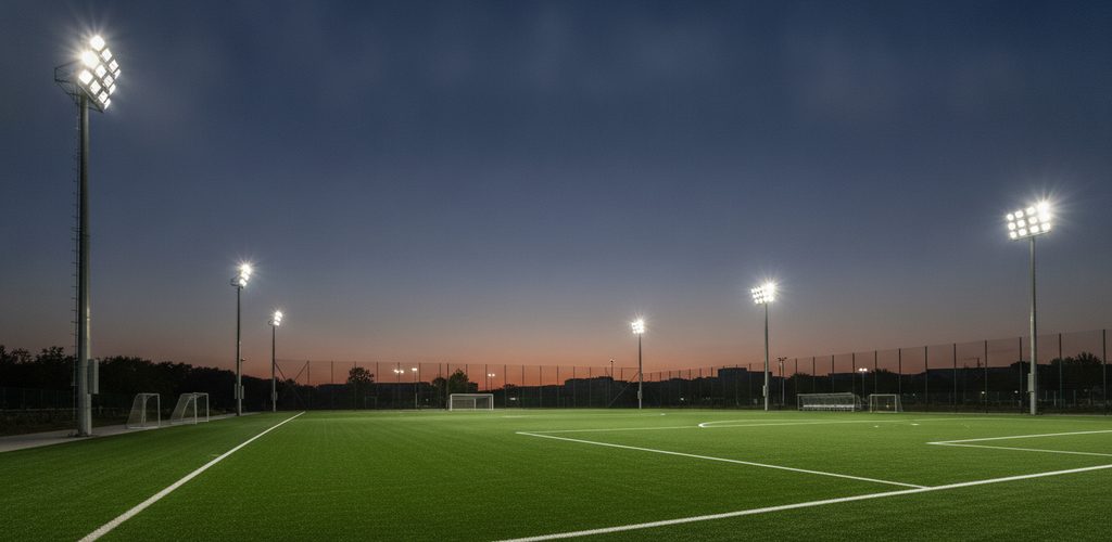 Fußballstadion 90 × 60 m mit 200 Lux: 14 Strahler an sechs 16-m-Masten