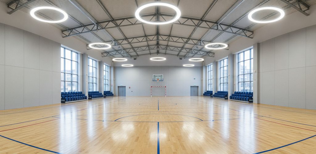Halle 10 × 20 m mit 300 Lux: 8 LED-Hallenstrahler à 100 W