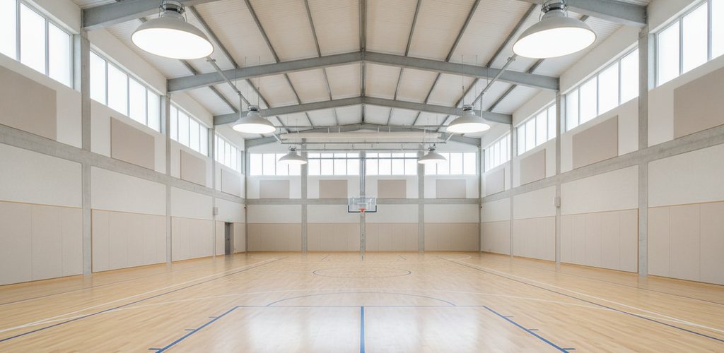 Halle 10 × 20 m mit 500 Lux: 8 LED-Hallenstrahler à 150 W