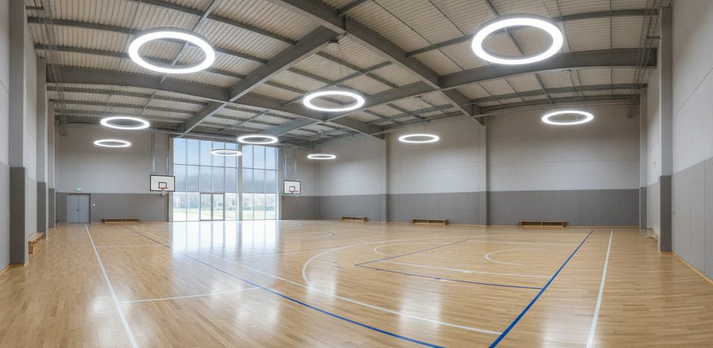 Halle 10 × 20 m mit 750 Lux: 8 LED-Hallenstrahler à 200 W