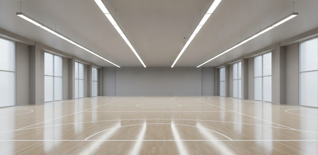 Halle 10 × 20 m mit 750 Lux: 8 lineare Hallenleuchten à 240 W