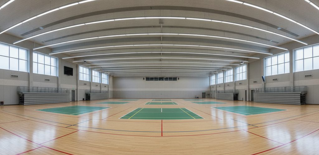 Halle mit 500 Lux: 42 Linearleuchten à 30 W, abgehängt in 6 m Höhe