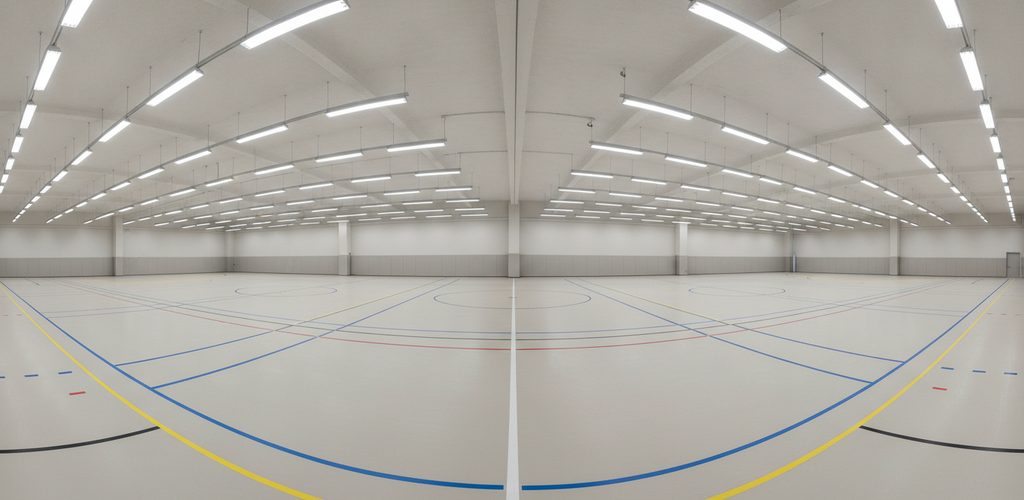 Indoor-Spielfeld 20 × 10 m mit 500 Lux: 32 Linearleuchten in 3 m Höhe