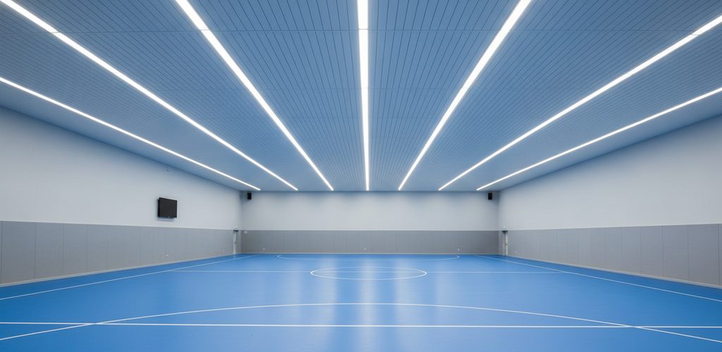 Indoor-Spielfeld 20 × 10 m mit 500 Lux: 36 Linearleuchten in 6 m Höhe