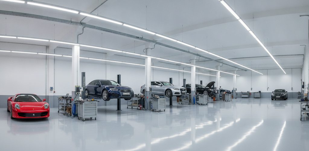 Kfz-Werkstatt mit 328 Lux und UGR 18,7: 24 Linearleuchten