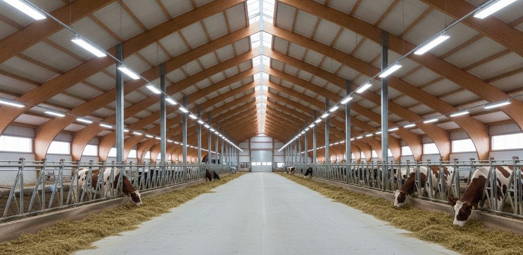 Kuhstall mit 122 Lux: 15 Linearleuchten auf 360 m²