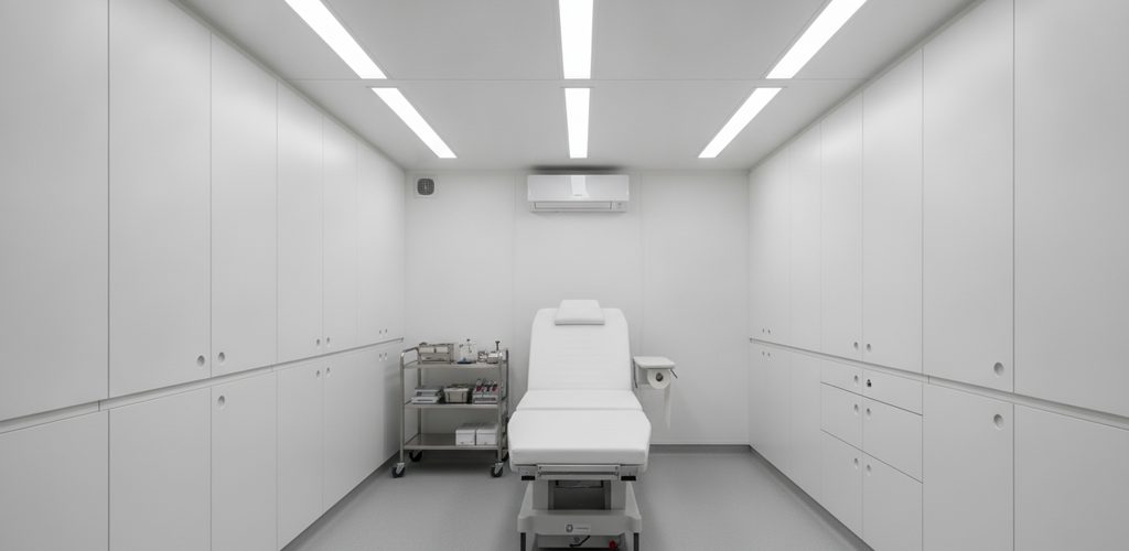Mobile Arztpraxis im Container: 1.197 Lux vertikal, UGR 17,0