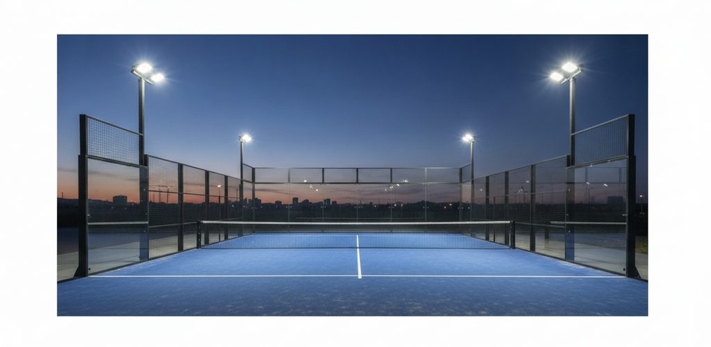 Padel-Court 20 × 10 m mit 300 Lux: 4 Strahler à 152,4 W an 4 Masten