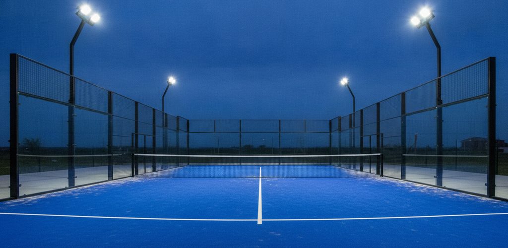 Padel-Court 20 × 10 m mit 500 Lux: 8 Strahler à 150 W an 4 Masten