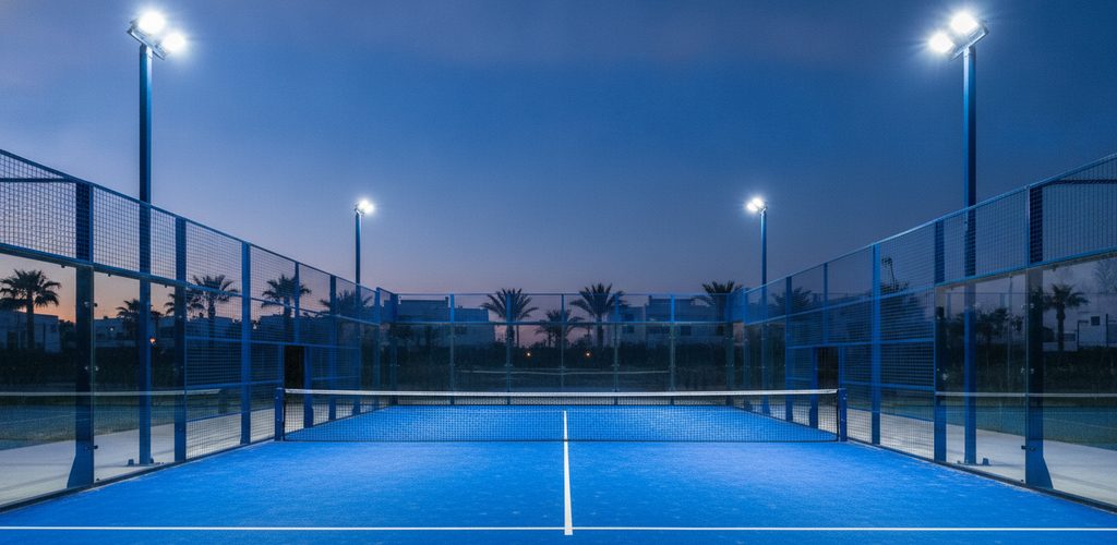 Padel-Court 20 × 10 m mit 600 Lux: 8 Strahler à 192,4 W an 4 Masten