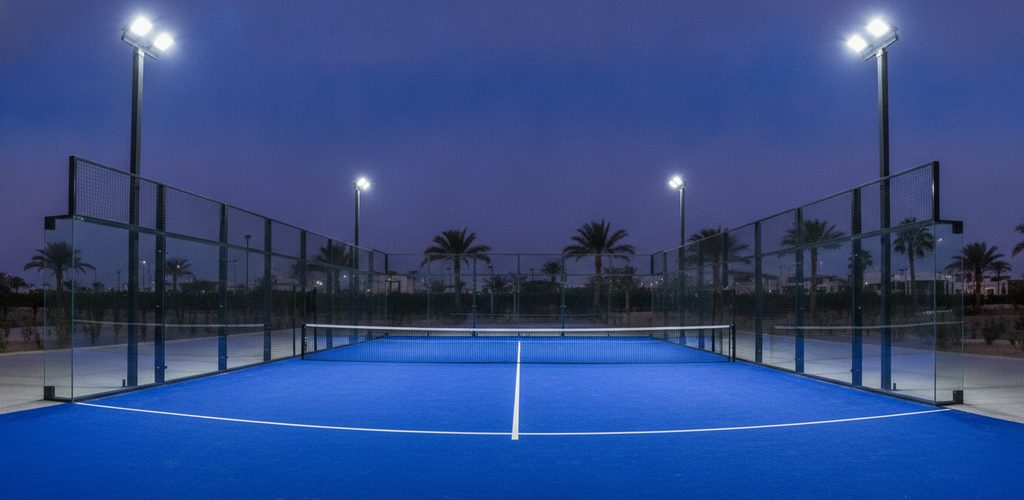 Padel-Court 20 × 10 m mit 750 Lux: 8 Strahler à 204 W an 4 Masten