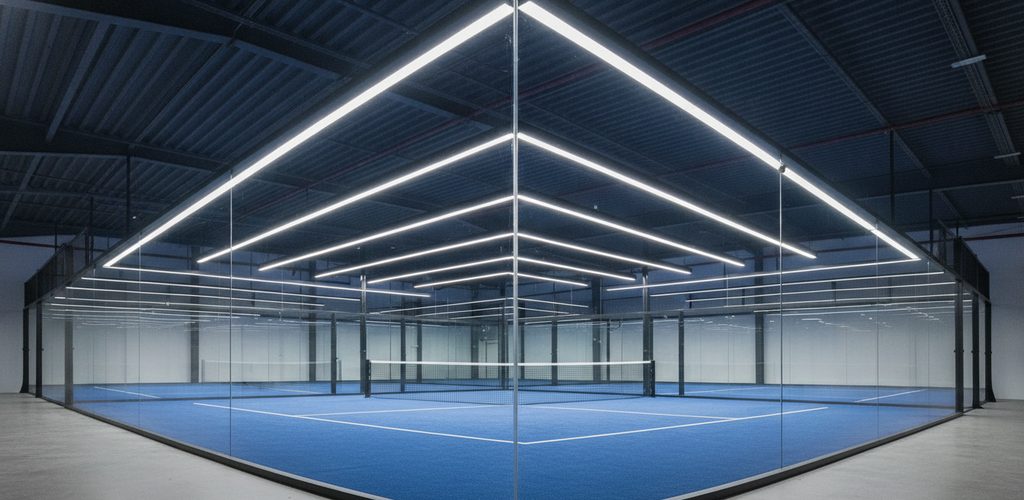 Padel-Halle mit 1.000 Lux: 30 Linearleuchten à 80 W in 6 m Höhe