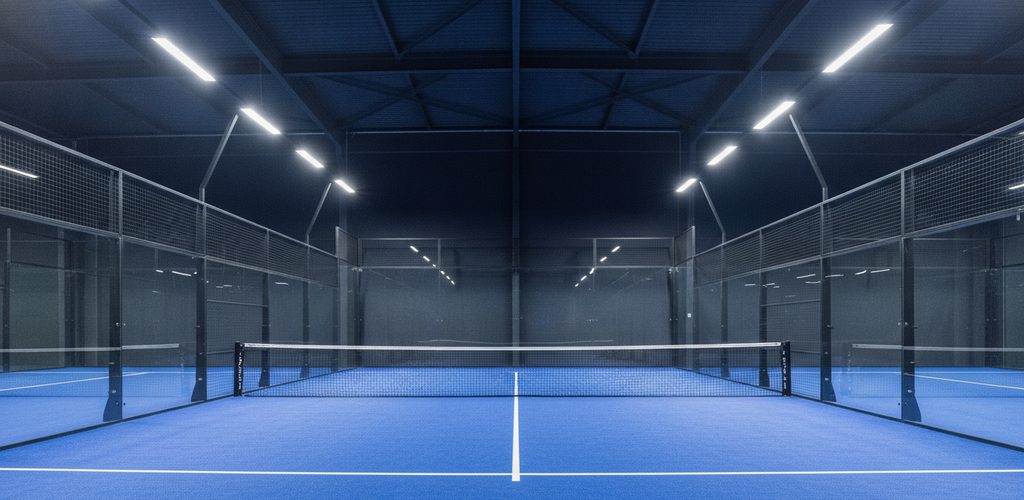 Padel-Halle mit 500 Lux: 22 Linearleuchten à 55 W in 6 m Höhe