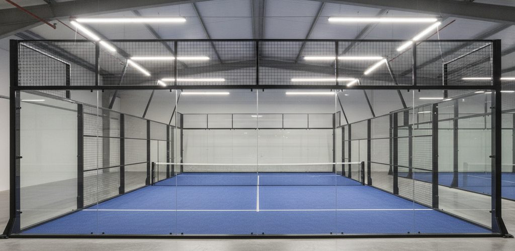 Padel-Halle mit 500 Lux: 30 Linearleuchten à 40 W in 6 m Höhe