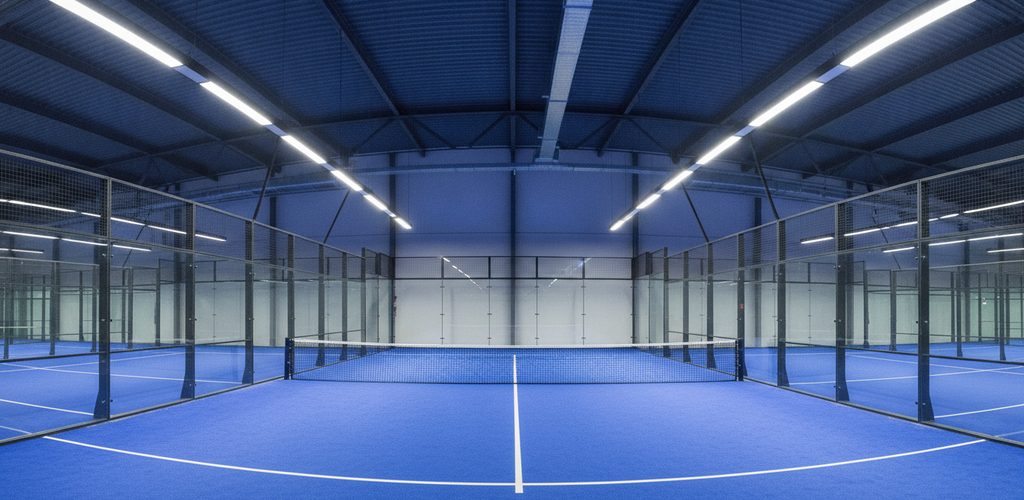 Padel-Halle mit 500 Lux: 42 Linearleuchten à 34 W in 7 m Höhe