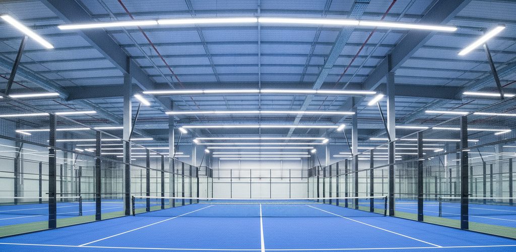 Padel-Halle mit 750 Lux: 42 Linearleuchten à 47 W in 6 m Höhe