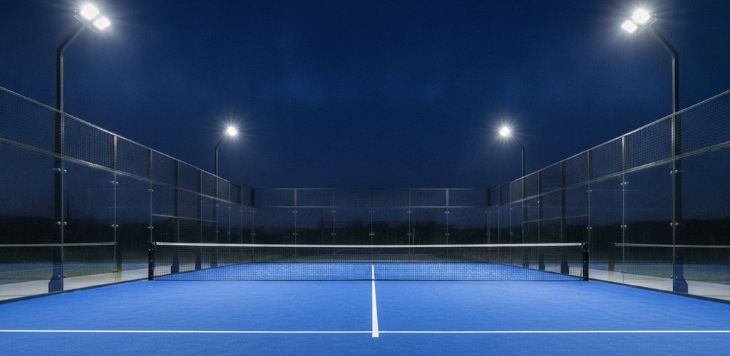 Padel-Trainingscourt mit 400 Lux: Linearleuchten an zwei Seiten