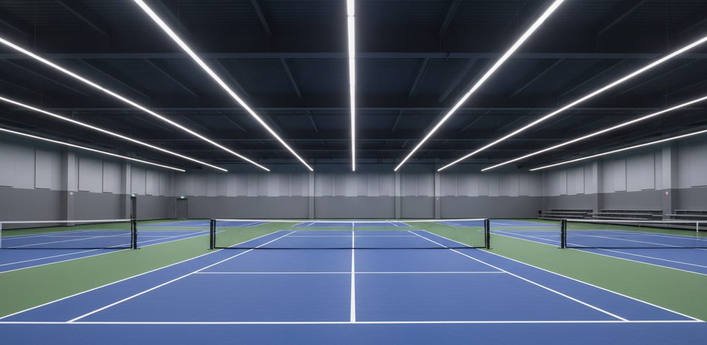 Pickleball-Court 13 × 6 m mit 400 Lux: 20 Linearleuchten à 88,9 W