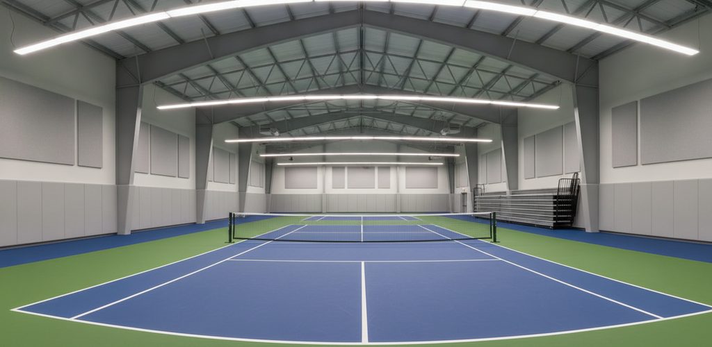 Pickleball-Court 13 × 6 m mit 500 Lux: 18 Linearleuchten à 50,7 W
