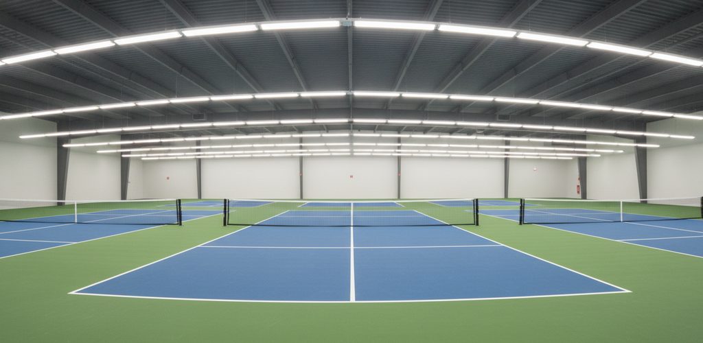Pickleball-Court 14 × 6 m mit 500 Lux: 22 Linearleuchten à 31,7 W