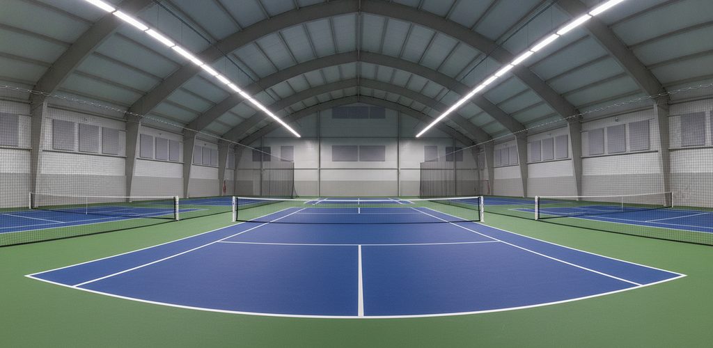Pickleball-Court 13 × 6 m mit 300 Lux: 18 Linearleuchten in 6 m Höhe