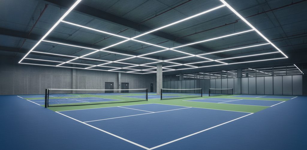 Pickleball-Court 13 × 6 m mit 500 Lux: 26 Linearleuchten in 6 m Höhe