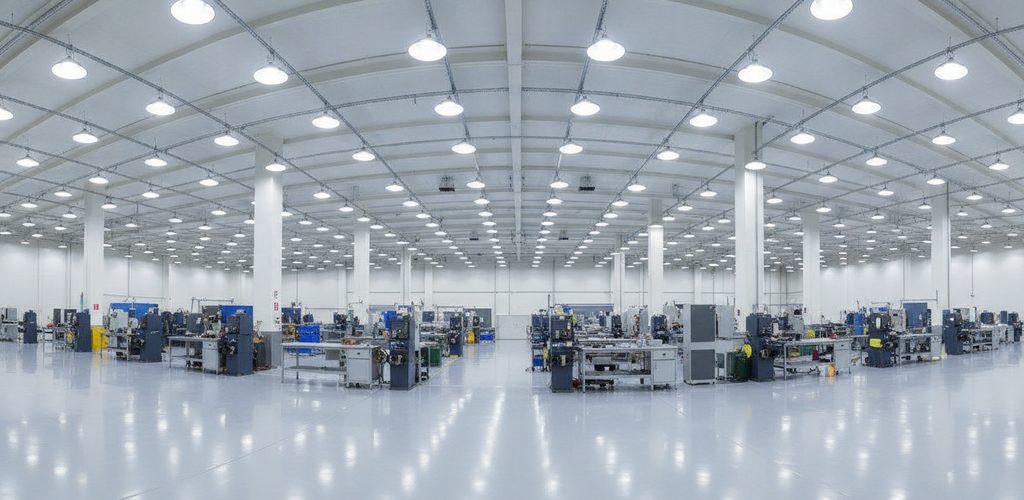Schleif- und Polierhalle mit 750 Lux: 36 Hallenstrahler