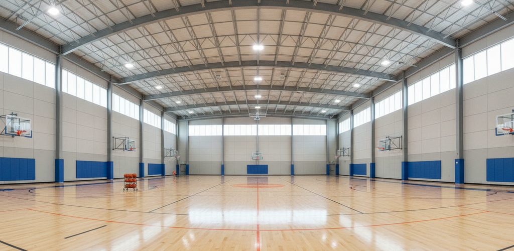 Sporthalle 28 × 15 m mit 500 Lux: 12 LED-Hallenstrahler à 201,3 W