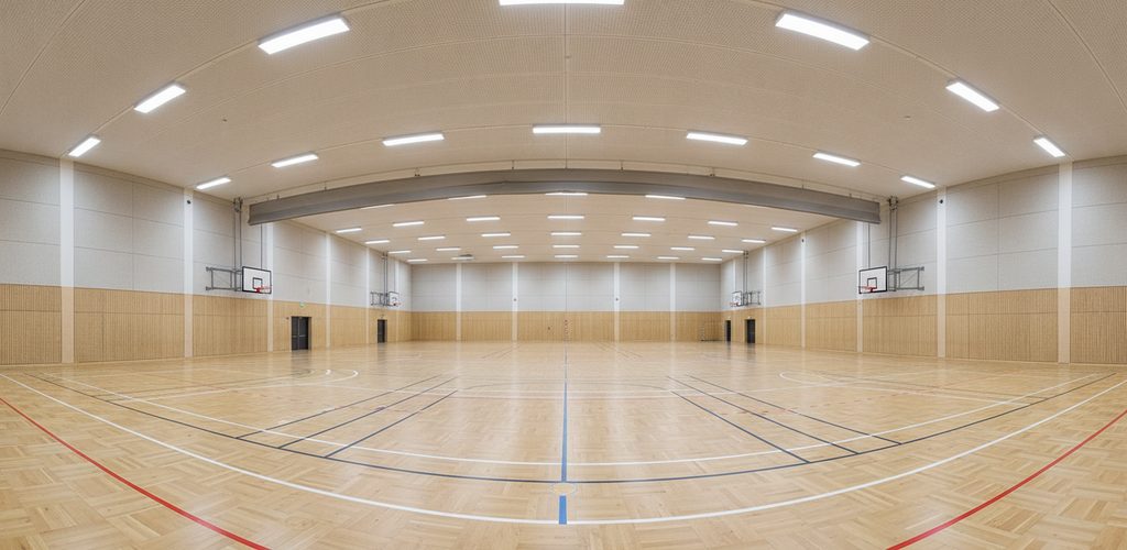 Sporthalle 28 × 15 m mit 500 Lux: 16 LED-Strahler à 198,9 W