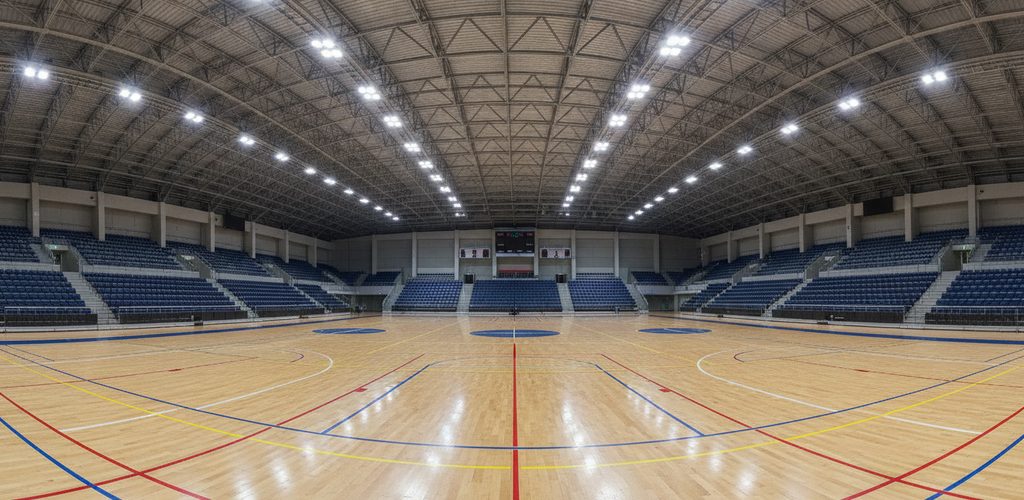 Sporthalle 28 × 15 m: 717 Lux mit 14 LED-Strahlern à 300 W