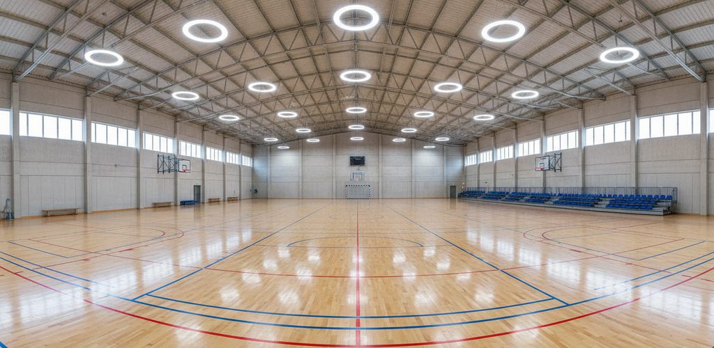Sporthalle 28 × 15 m mit 750 Lux: 18 LED-Hallenstrahler à 200 W