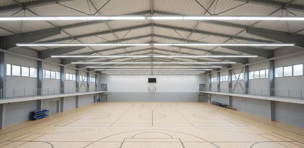 Sporthalle 36 × 20 × 7 m mit 335 Lux: 15 asymmetrische Leuchten