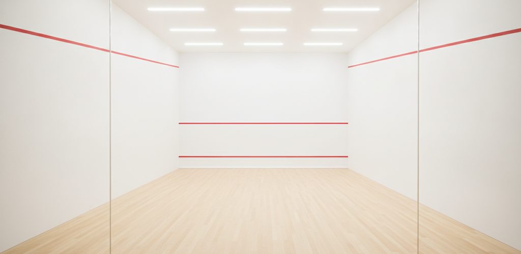 Squashcourt 6,40 × 9,75 m mit 665 Lux: 15 Linearleuchten